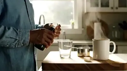 Retired cook in his sixties at a kitchen counter pouring a small green bottle into a clear glass on a cutting board