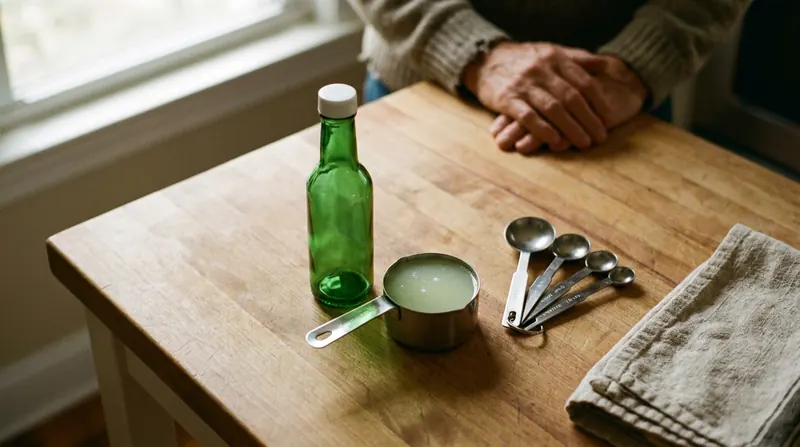 Quarter-cup measure filled with green liquid beside a small green bottle and a fan of measuring spoons