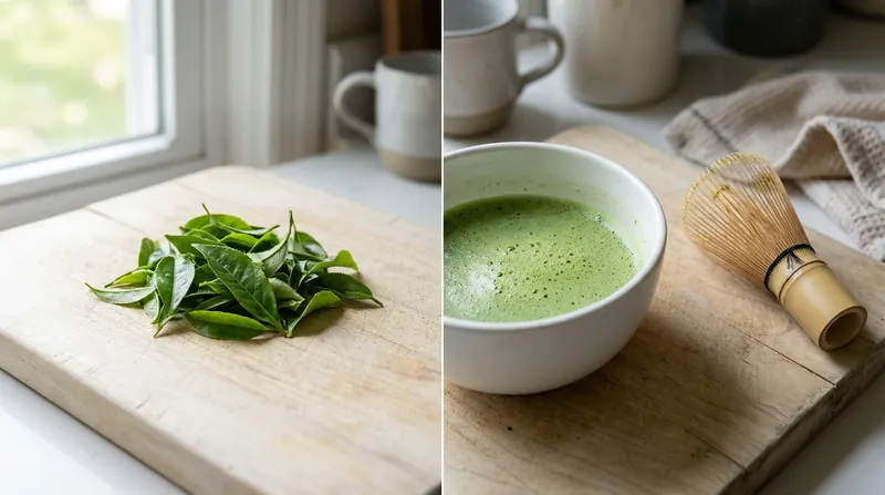 Split view of fresh green tea leaves on a board and a white bowl of whisked matcha
