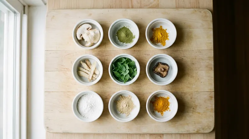 Nine small white ramekins in a grid on a wooden board, each holding a different powder, root or mushroom