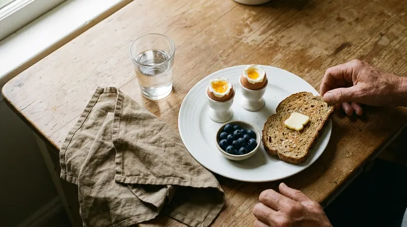 A simple breakfast of two eggs in egg cups, whole-grain toast, blueberries and a glass of water on a wooden table