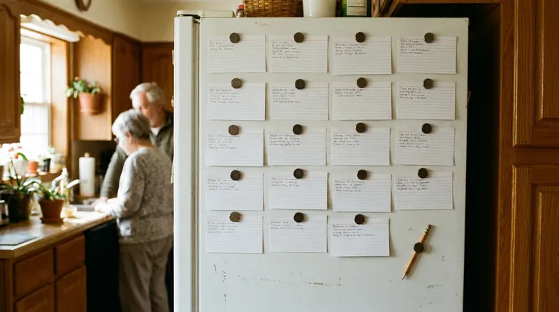 A refrigerator door covered in a neat grid of handwritten index cards held up by small magnets