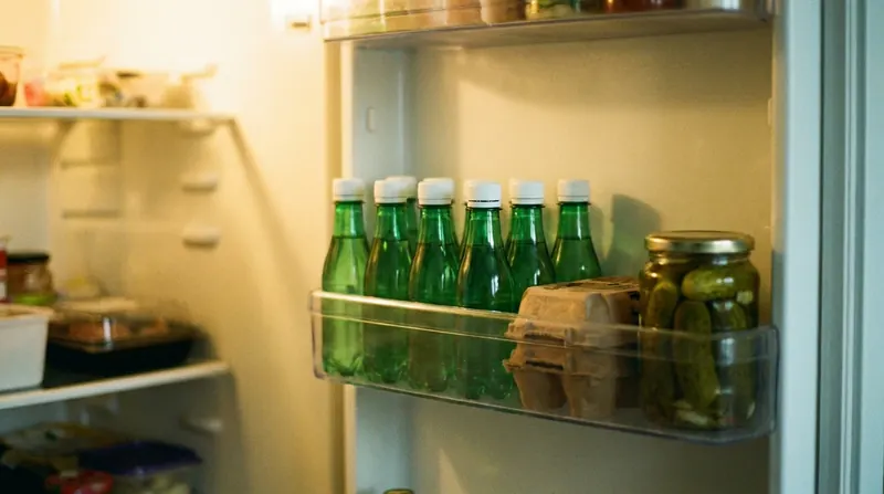 A row of small green bottles in a refrigerator door rack beside a carton of eggs and a jar of pickles