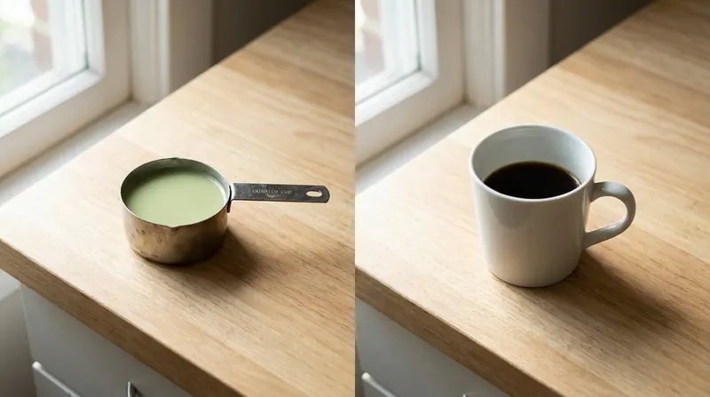 Split view of a quarter cup of green drink and a half-filled mug of black coffee on the same counter