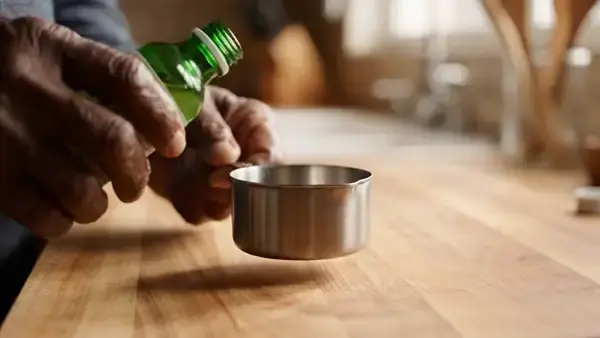 Two ounces of green drink poured from a small bottle into a steel quarter-cup measure, filling it to the rim