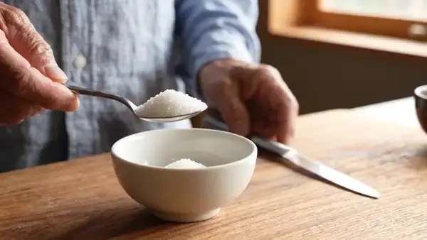 A hand leveling a teaspoon of sugar with the back of a knife over a small white bowl