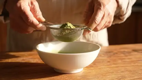 A hand tapping a small sieve so bright green matcha powder falls into a white bowl