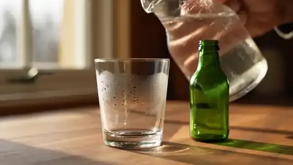A man's hand filling a clear glass with water from a jug beside a small empty green bottle