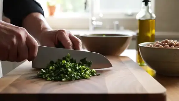 A man's hands chopping dark leafy greens on a wooden cutting board with a chef's knife